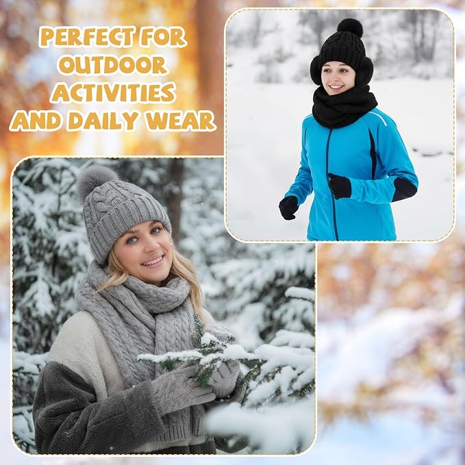16 Pcs Women Hat Scarf Gloves Ear Muffs Set Winter Knitted Pom Beanie Hats Scarf Touch Screen Gloves for Men Adult Homeless
