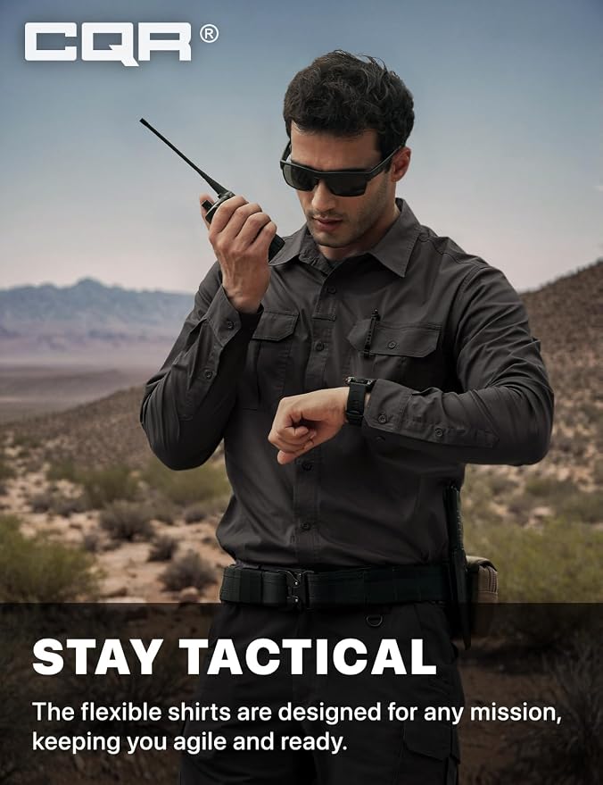 CQR Men's Long Sleeve Tactical Shirts, Ripstop Military Work Shirts, UPF 50+ Breathable Button Down Outdoor Hiking Shirt