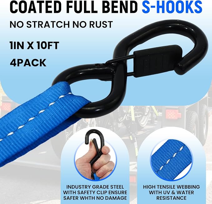 Retractable Ratchet Straps (Patented-2pack) - 1 inch x 10Feet (1,800lb Break Strength) Auto Self Retracting Tie Down Straps - Self Retractable Straps with Refletcive for Motorcyle, Truck or Cargo