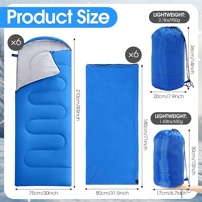 Hahafelt 6 Pack Sleeping Bags with Fleece Liners for Adults Bulk, Lightweight Waterproof Camping Sleeping Bags Set for Summer Camp, Church Trip, Emergency Relief, Outdoor Hiking Backpacking