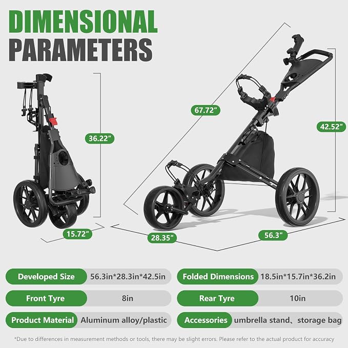 Golf Push Cart - Lightweight Aluminum 3-Wheel Foldable Golf Bag Cart with Large Wheels for All Terrain, Adjustable Handle, Foot Brake, Cooler Bag, Cup/Umbrella Holder