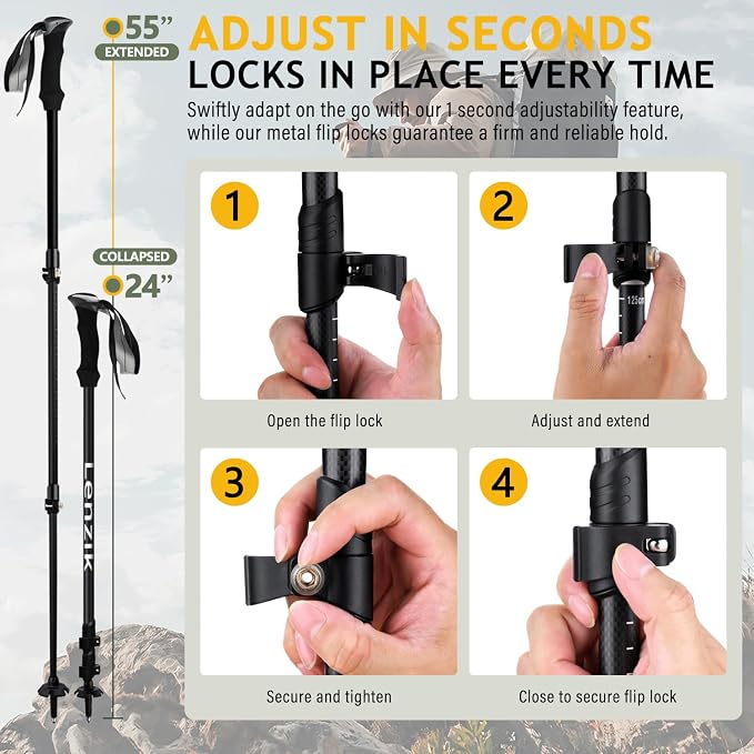 Carbon Fiber Trekking Poles – Collapsible and Telescopic,EVA Grips, Quick Flip Locks & All-Terrain Accessories,Ultralight Hiking Poles for Backpacking Camping [2pack]