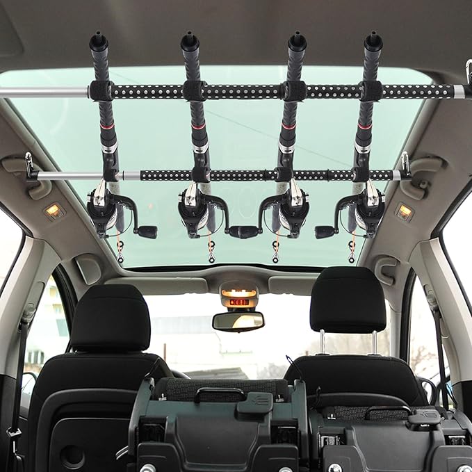 2 Pcs Fishing Rod Holder for Car Heavy Duty Vehicle Fishing Pole Rack with 8 Belts Adjustable 35 to 64.5 Inch Pole Rod Organizer Carrier Clothes Bar for Car SUV Wagon Truck Van
