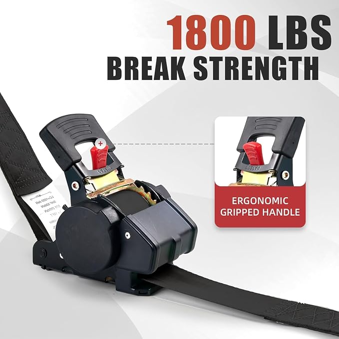 Heavy Duty Retractable Ratchet Tie-Down Straps 1800 lbs, 1in × 10ft Auto Retract Tie Downs with Zinc S-Hooks, Cargo Straps for Trucks, Trailers, Roof Racks & Moving, 2 Pack, Black, Damped Rewind