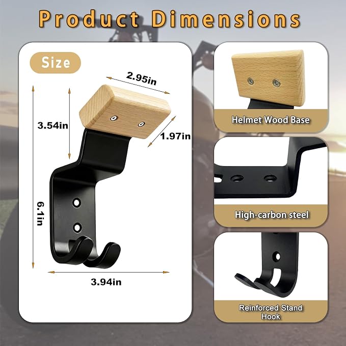 Motorcycle Helmet Holder Wall Mount - Heavy Duty Helmet Hanger Rack with 2 Key Hooks, Solid Wood & Strong Steel Design for Bike, Football, Skiing Sports Gear, Jackets & Hats (Yellow*1)
