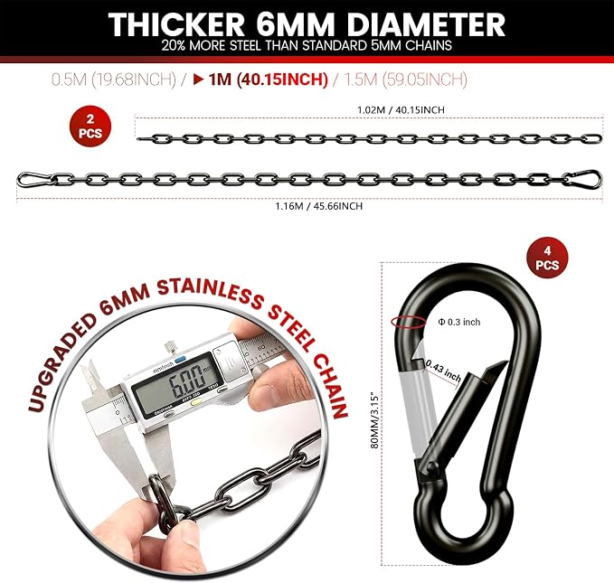 sprookber 1000LB Heavy Duty Hanging Swing Chain, 6mm Thick 304 Stainless Steel Hanging Chain with 4 Carabiners, 45" Hardware Kit for Hammock, Hanging Chair, Punching Bags, Tree, Indoor & Outdoor