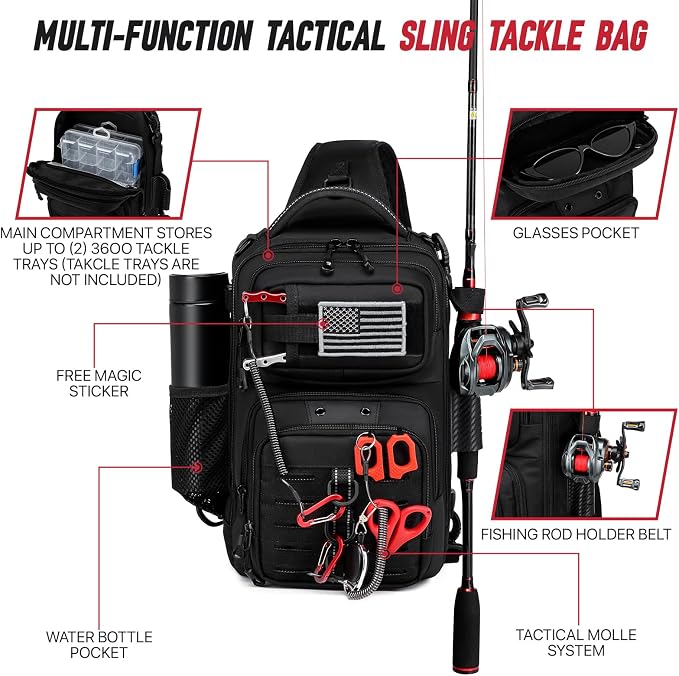 Fishing Sling Bag with Tackle Box, MOLLE System Fishing Backpack with Fishing Lures Kit, Fish Hook Remover Tool, Fish Lip Gripper, Fishing Plier & Accessories, Fishing Gear Gift for Men Black
