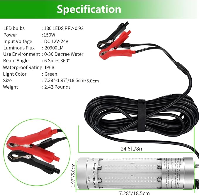 150W 20900lm Underwater Fishing Light, IP68 Waterproof Aluminum Super Bright Night Fish Attracting Submersible LED Lamp Lure Bait Finder for Freshwater Saltwater Sea Kayak Ice Dock (Blue)