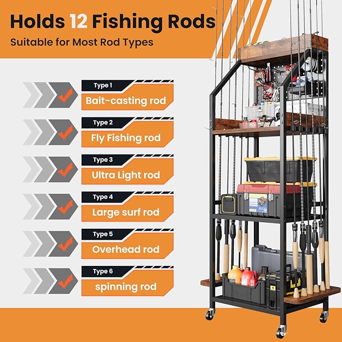 Fishing Rod Holder for Garage with Hooks & Pegboard, 3-Tier Fishing Pole Rack Holds 12 Rods, Rolling Fishing Rod Storage Organizer with Wooden Tool Box, Fishing Tackle Shelf for Anglers