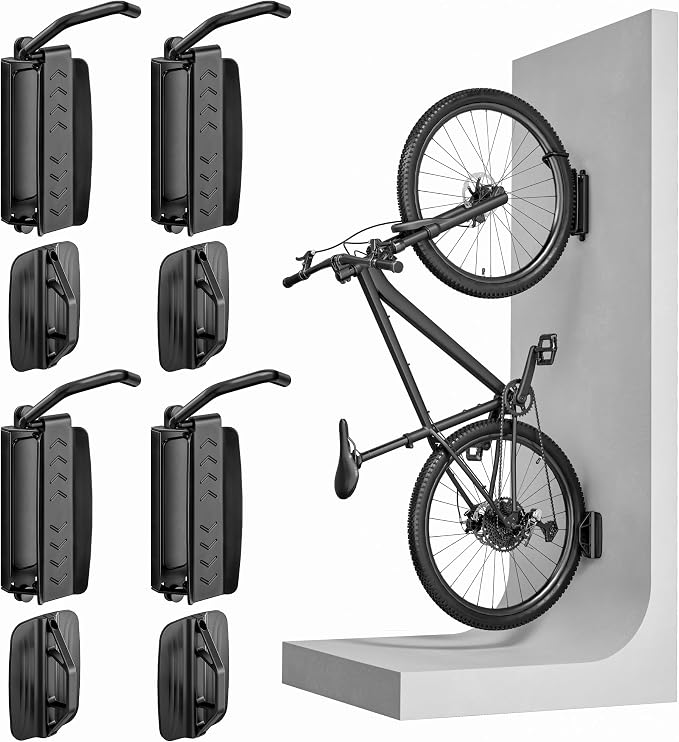 PEGZONE 4 Pack Bike Rack Garage, Bike Wall Mount Heavy Duty, Holds 77 Lbs, Swivel Bike Hangers for Garage, Adjustable Indoor Bike Storage for Bedroom Home Office, 4 Pack