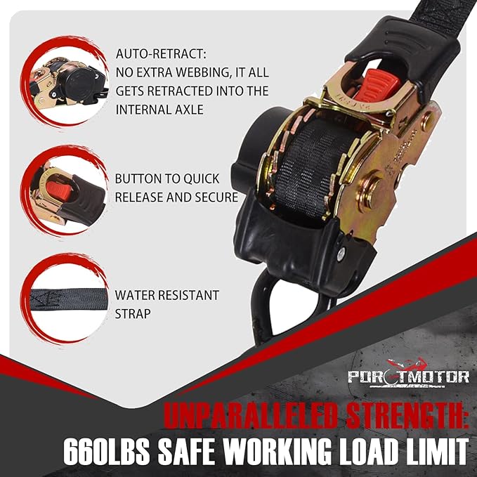 2 Pack Bolt-On Retractable Ratchet Straps (1" x5.3'), Self Retractable Ratchet Tie Down Straps Auto Retracting Transom Tie Down Straps for Boats, Jet Skis, Motorcycles, ATVs, Cargo