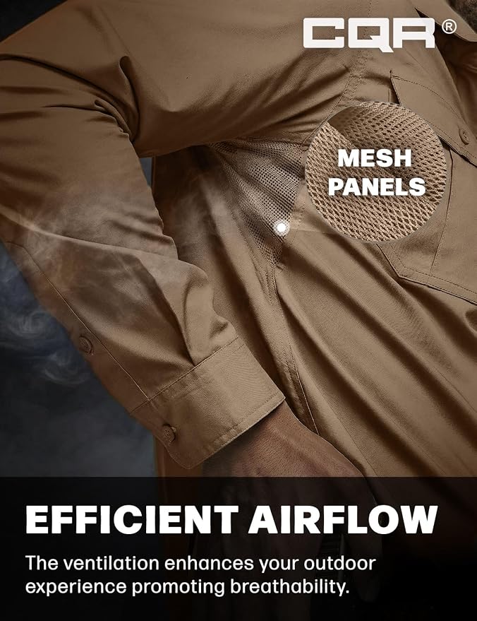CQR Men's Long Sleeve Tactical Shirts, Ripstop Military Work Shirts, UPF 50+ Breathable Button Down Outdoor Hiking Shirt