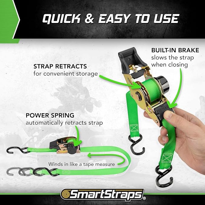 SMARTSTRAPS Retractable Ratchet Tie Down Straps (4 PK) 1,500lb Break Strength, 500lb Safe Work Load, Standard Duty, Secure and Haul ATVs, Lawn Tractors, Cargo, Boxes and Other Small Equipment