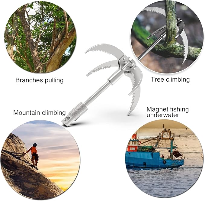 Ant Mag Grappling Hook with Claw Tips - Heavy Duty Stainless Steel Carabiner for Camping, Hiking, Tree Climbing, Water Retrieval & Salvage Operations