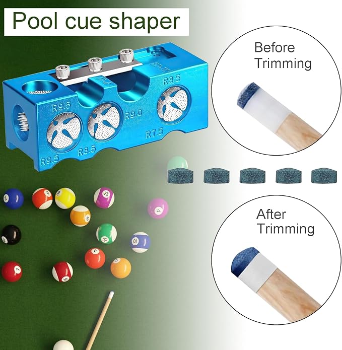 11-in-1 Pool Cue Tip Repair kit, Professional All-in-One Pool Stick Tip Tool for Shaping, Replacement, Maintenance. Tips Shaper & Scuffer kit, Pool Cue Trimmer (Blue Aluminum)