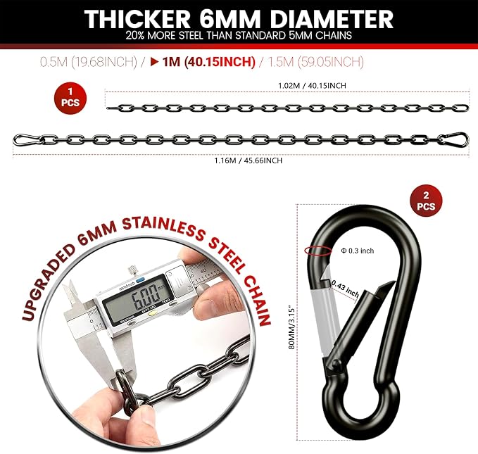 sprookber 1000LB Heavy Duty Hanging Swing Chain, 6mm Thick 304 Stainless Steel Hanging Chain with 2 Carabiners, 45" Hardware Kit for Hammock, Hanging Chair, Punching Bags, Tree, Indoor & Outdoor