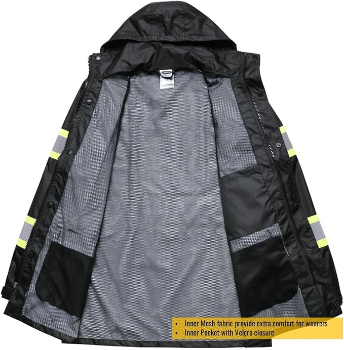 JKSafety Hi-Vis Reflective Safety Rain Jacket for Men Women Waterproof Rain Gears for Farming Fishing Work HV Rain Jacket with Inner Mesh Lining and Pockets (117A-Black XL)