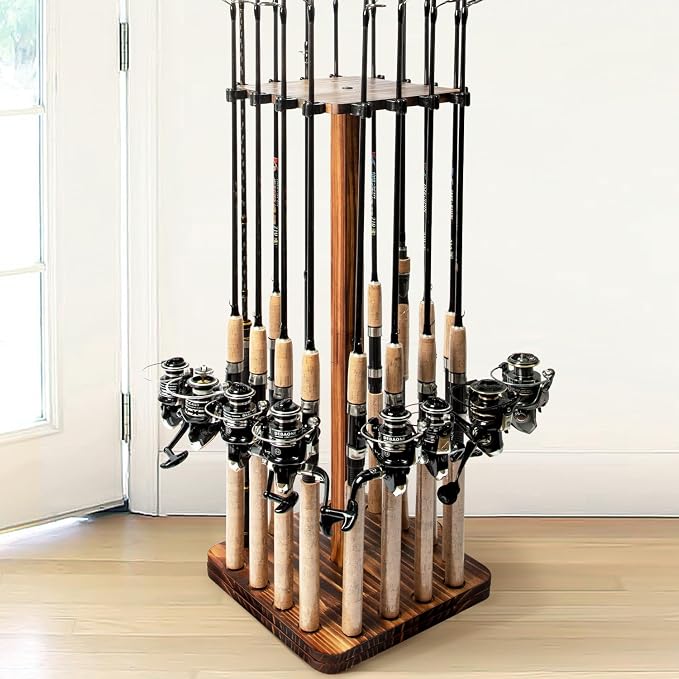 Ghosthorn Fishing Rod Holders for Garage 360 Degree Rotating Fishing Pole Rack, Floor Stand Holds up to 16 Rods Wood Fishing Gear Equipment Storage Organizer, Fishing Gifts for Men Women