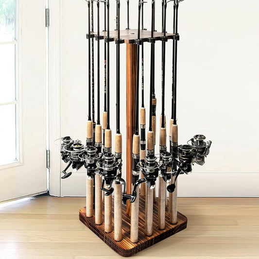 Ghosthorn Fishing Rod Holders for Garage 360 Degree Rotating Fishing Pole Rack, Floor Stand Holds up to 16 Rods Wood Fishing Gear Equipment Storage Organizer, Fishing Gifts for Men Women