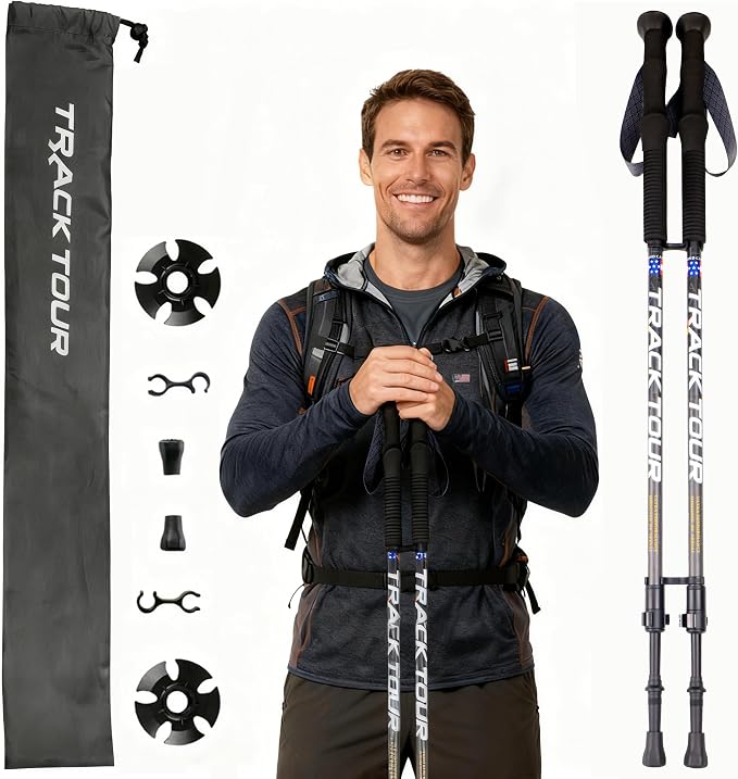 Carbon Fiber Trekking Poles Ultra Lightweight Hiking Poles Walking Sticks with Cork and EVA Foam Grips Quick Adjustable Flip Locks