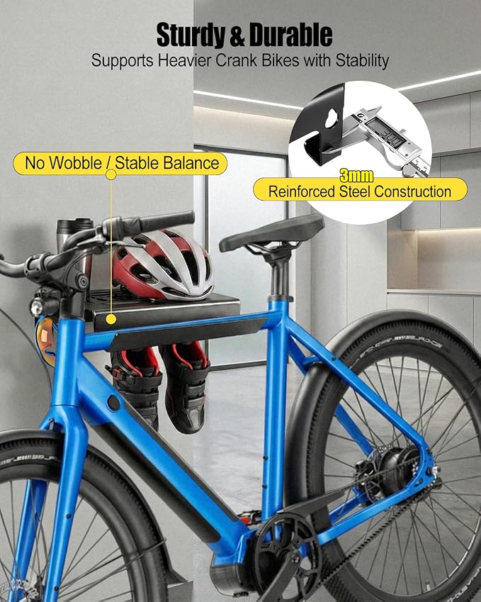 Bike Wall Mount Rack with Shelf and Hooks – Heavy Duty Indoor Bicycle Storage for Road, Mountain and Other Bikes, Space-Saving Wall Hanger for Helmets, Shoes and Accessories