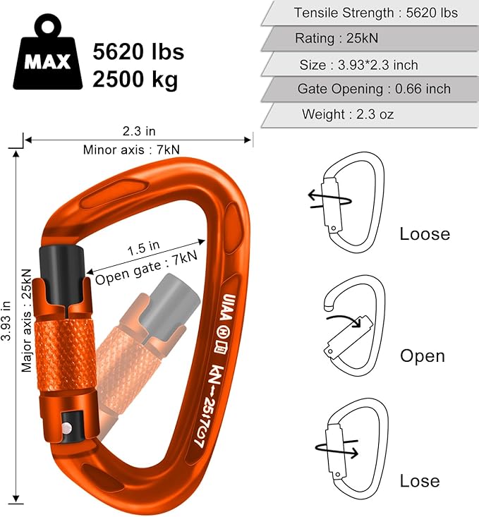 UIAA Certified Professional Heavy Duty Large Locking Carabiner Clips Climbing Carabiner 25kN Auto Locking Carabiner for Rock/Ice Climbing Rappelling Rescue Swing etc, D Shaped