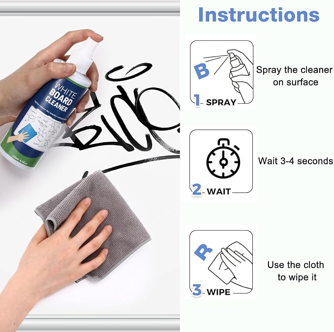 24 Pack White Board Cleaner Spray, 8.5oz Dry Erase Board Cleaner for Whiteboard, Removes Permanent Marker Stains, Non-toxic Cleaning Solution with 6 Cloths for School Office
