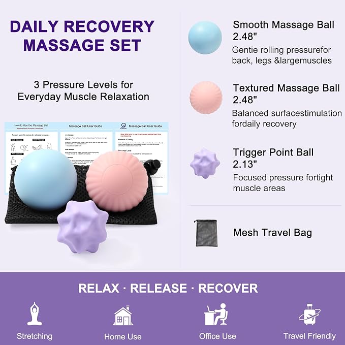 HODEMI Massage Ball Set, 3 Pack Lacrosse Ball, Textured Massage Ball & Trigger Point Ball for Deep Tissue Muscle Massage and Myofascial Release for Back, Neck, Shoulder, Leg and Foot with Mesh Bag
