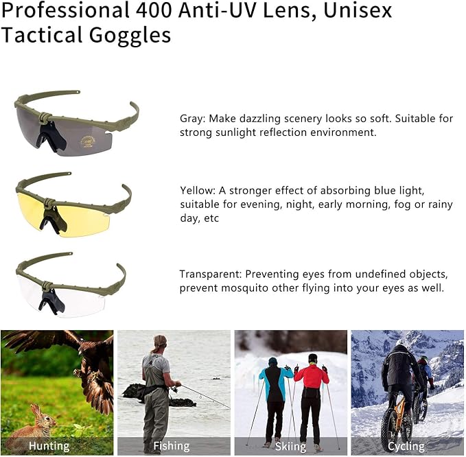 Tactical Eyewear Anti Fog UV400 Protection Glasses (Black and Green Frame, 2 Sets)