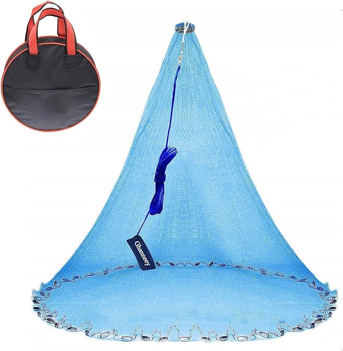 Nylon Monofilament Cast Net, 4FT/6FT/7FT/8FT/9FT/10FT/12FT American Style Hand Throwing Fishing Net with Iron Chain Weights for Saltwater and Freshwater