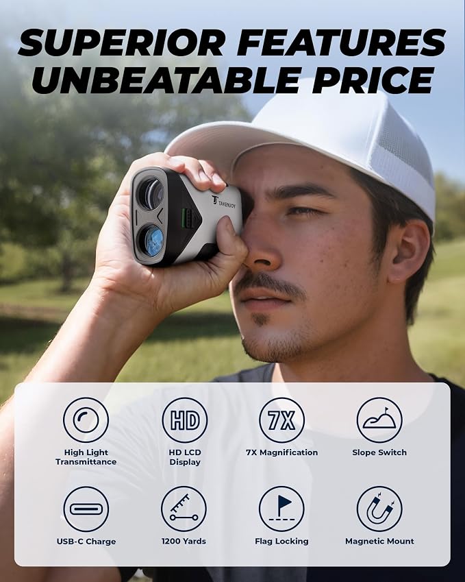 Golf Rangefinder with Slope, 7X Magnification Golf Range Finder, 1200 Yards Range Finder Golf, Magnetic Laser Rangefinder with IP54 Waterproof, Rechargeable and Flag Pole Locking Vibration