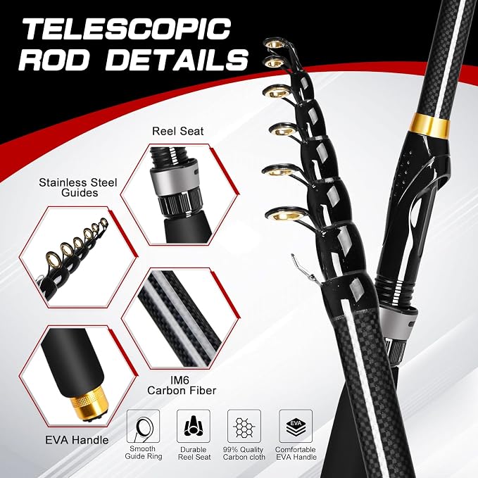 6.89ft Fishing Rod and Reel Combo, 2PCS Telescopic Carbon Fiber Fishing Rod, Spinning Reels *2, Fishing Line *2, Fishing Hooks Bait Set, Portable Fishing Pole Set with Carrier Bag