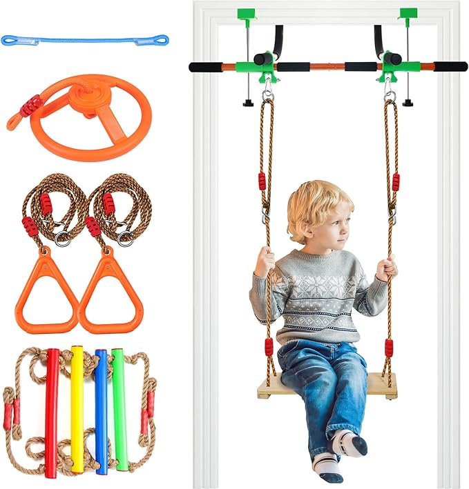 Doorway Swing mount for Kids & Door Pull Up Bar for Adults, Indoor Kid Swing with 4 Accessories, Multi-Function Doorway Gym, Fits Door Frame 24.41-30.51'' W x 3.94-6.69'' Thickness (Orange)