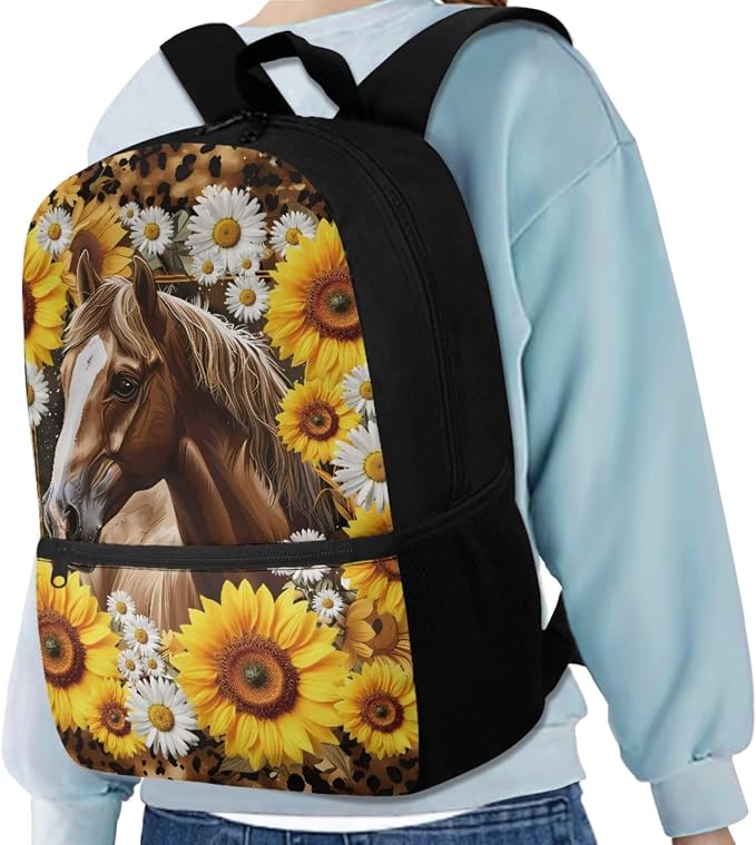 Horse Backpack for Girls School Bags with Lunch Bag Pencil Case Water Bottle Holder Sunflower Kids Preschool Bookbag 4PCS Elementary School Bag Back to School Accessories
