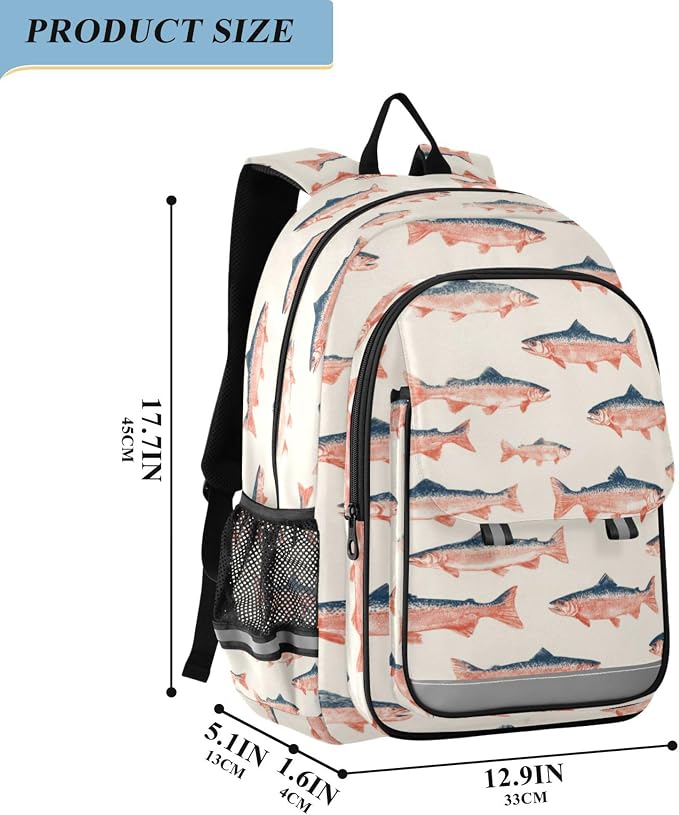Fisyme Sea Vintge Salmon Fish School Backpack Laptop Backpacks Bags Bookbag Travel Casual Computer Notebooks Daypacks