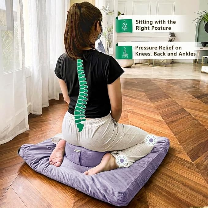 Hihealer Meditation Cushion, Traditional Tibetan Meditation Pillow Velvet Cover - Large Floor Cushion Seating for Adults - Yoga Buckwheat Bolster for Women、Moms