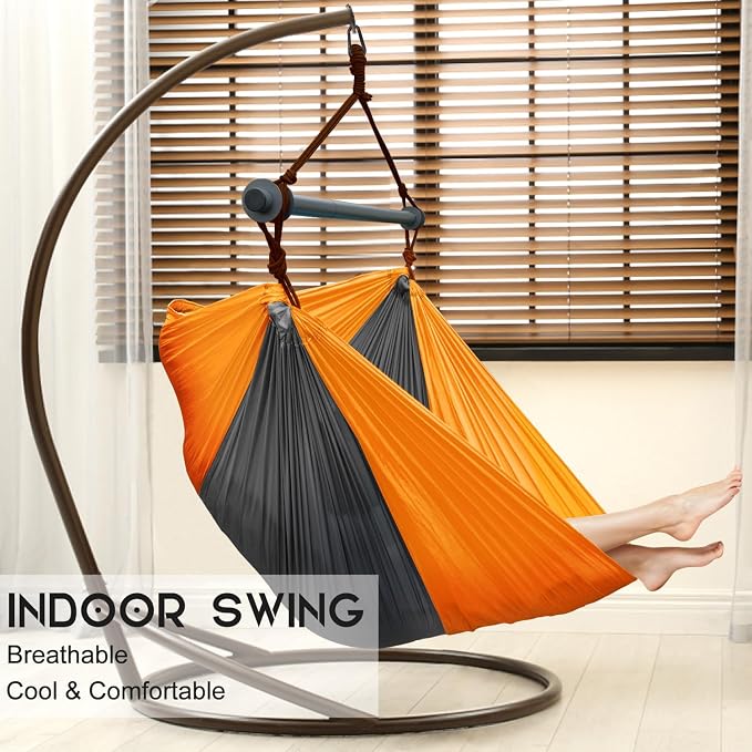 Hammock Chair, Portable Large Hanging Rope Swing, Lightweight Nylon Parachute, Max 500 Lbs, Detachable Metal Support Bar Hammock Chair Swing for Outdoor, Indoor, Bedroom (Orange, Dark Gray)