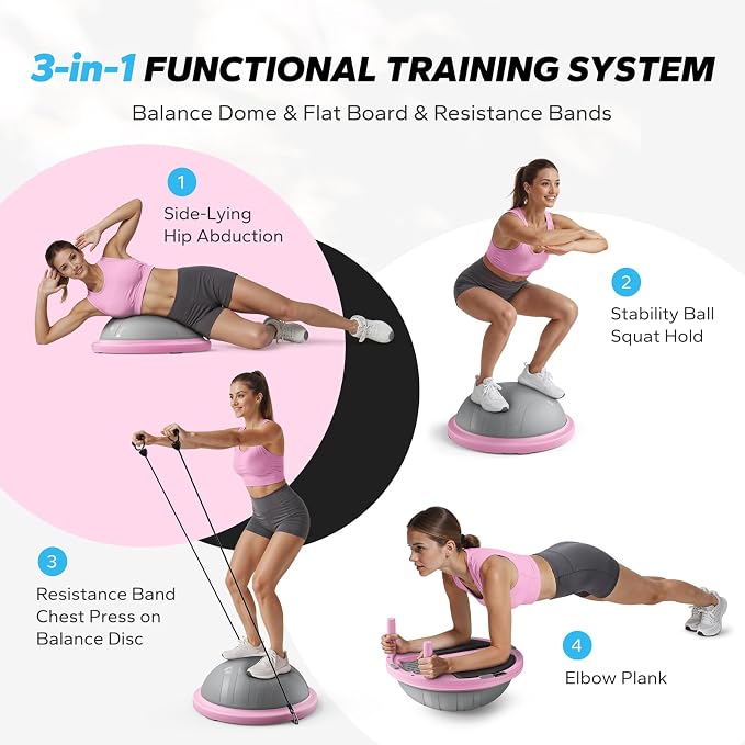 MERACH Balance Ball Trainer, 18 Inch Half Exercise Ball with Resistance Bands and Foot Pump, Half Yoga Ball for Core Strength Training, 450lb Capacity