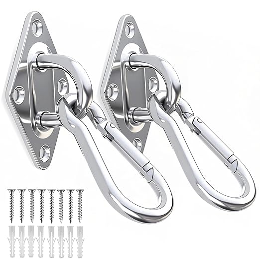 OHIYO 2PCS M10 Stainless Steel Pad Eye Hooks+2PCS M10 Snap Hooks, Heavy Duty Hammock for Hanging, 1300lbs Capacity for Swing Set, Plant Hanger, Outdoor Lights