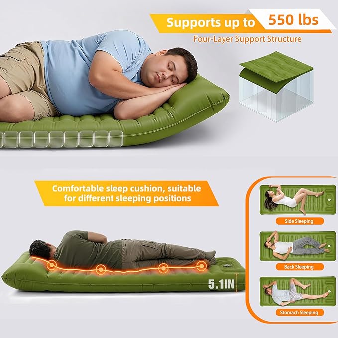 Camping Sleeping Pad, Extra Thick 5 Inch Self Inflating Camping Mat with Ultralight Sleeping Bag Liner Travel Sheet, Camping Pads with Pillow & Foot Pump for Outdoor Hiking, Backpacking, Travel(Green)