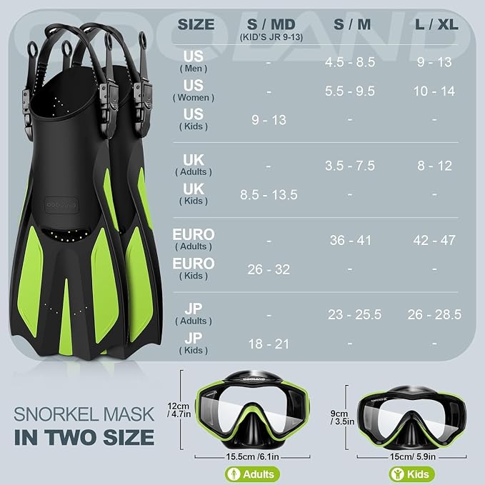 Odoland Snorkel Set, Adults Snorkeling Packages with Dry Top Diving Mask, Adjustable Swim Fins, Mesh Bag, Anti-Fog Anti-Leak Snorkeling Gear for Men Women