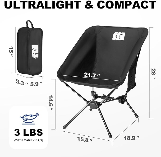 Portable Camping Chairs for Adults Heavy Duty, Compact Backpacking Chair Supports 330 Lbs Lightweight Folding Camp Chair with Side Pocket for Outdoor Travel Beach Hiking Picnic, Black