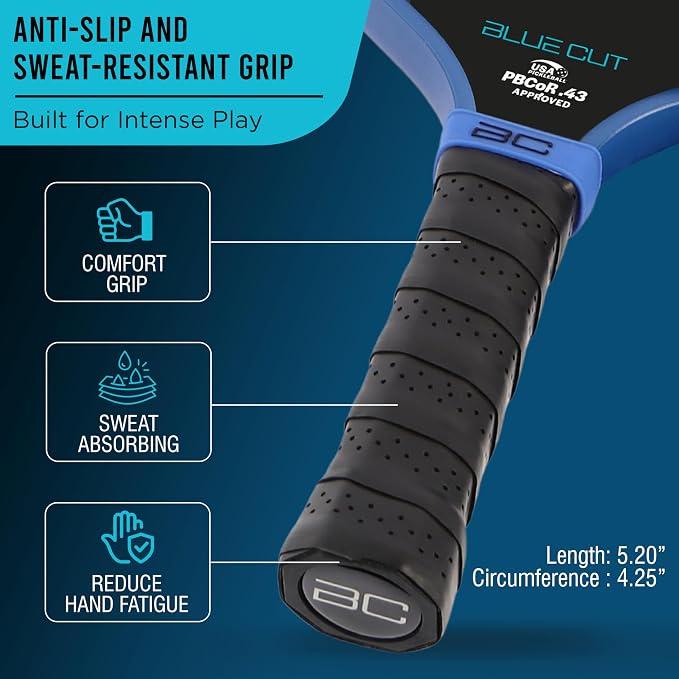 Blue Cut Pickleball Paddle – USAPA Approved Pickleball Paddles Racket with T700 Carbon Fiber, 16mm Honeycomb Core, Spin Surface, Pro Power Speed & Control – Includes Carry Bag