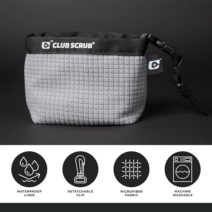 Club Scrub Golf Club and Golf Ball Cleaning Bag, Waterproof Clean Face Technology Liner, Detachable Clip, Machine Washable, Cleans Club Grooves, Dry Exterior (Neoprene or Microfiber Option Available)