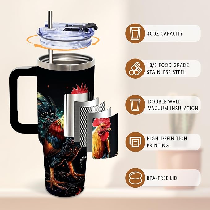 DUUV Mechanical Rooster Tumbler 40oz, Insulated Chicken Gifts for Men | Cyber Rooster Tumbler Leakproof, Robot Chicken Water Bottle for Gym, Fathers Day Birthday Gifts for Chicken Owners, 1 Pack