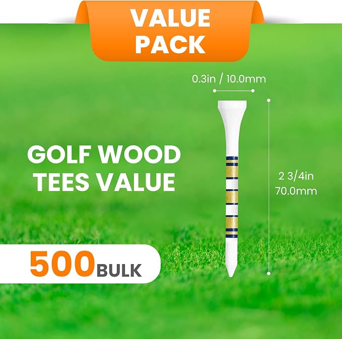 Golf Tees Wood 3 1/4 2 3/4 Inch Value 500/1000 Pack with Bright Colors & Consistent Height, High Visibility with Gold Stripes for Course Practice