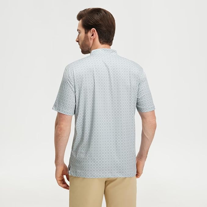 M MAELREG Golf Shirts for Men Collarless Performance Dry Fit Stretch Henley Casual Printed Mens Polo Shirts Short Sleeve