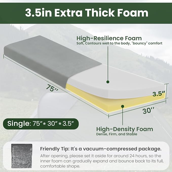 3.5" Extra Thick Foam Camping Mattress, Waterproof Cover & Travel Bag, Portable Sleeping Pad for Car/Tent/Cot/SUV/Trunk/Floor/Guest Bed