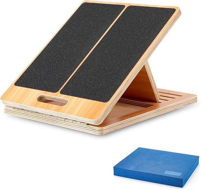 StrongTek Extra-Wide Foam Balance Pad & Adjustable Wooden Slant Board Set – Enhance Stability, Flexibility, and Rehabilitation