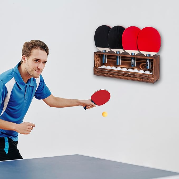 Ping Pong Paddle Storage Rack, Ping Pong Accessories Organizer Wall-Mount for 6 Paddles, 6 Pickleball Paddles and Balls, Pine Wood Table Tennis Racket Display for Game Room Bar Office Home